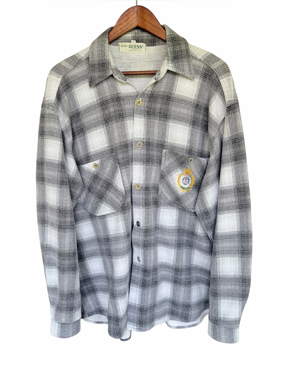 Guess 90’s Shadow Plaid Flannel Crest Logo Made in USA XL True Vintage
